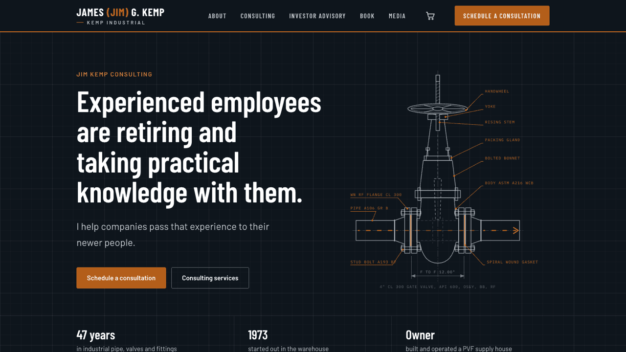 Kemp Industrial homepage: consulting headline beside an engineering drawing of a gate valve